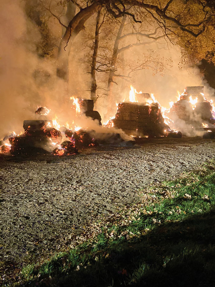 Auf etwa 600 Quadratmetern Fläche brannte das Strohlager vor dem angrenzenden Baumbestand. Annähernd 500 Ballen wurden Raub